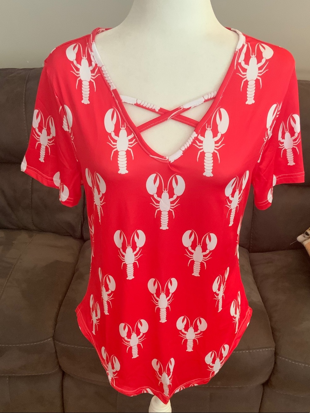 Red Lobster Print Criss-Cross V-Neck Top